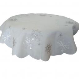 Embroidered White Christmas Round Tablecloth With Snowflakes-KC30