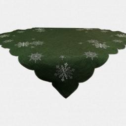 Green Embroidered Christmas Tablecloth With Silver Snowflakes---67401